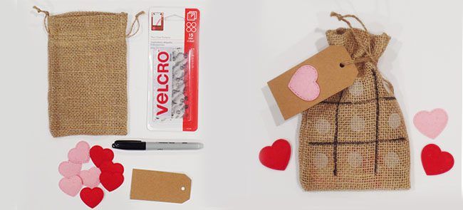 DIY Valentine's Day Tic-Tac-Toe using a burlap bag and VELCRO Brand Thin Dots.