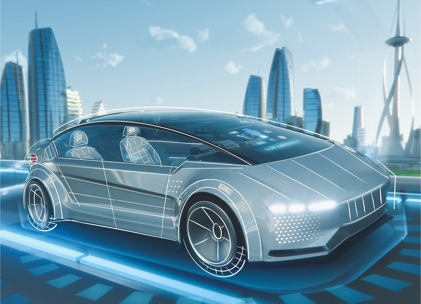 Futuristic car containing VELCRO® Brand hook and loop fasteners in modern city.