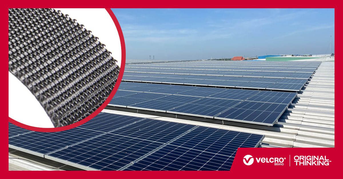 VELCRO® Brand fasteners securing rooftop solar panels with close-up of hook-and-loop material.