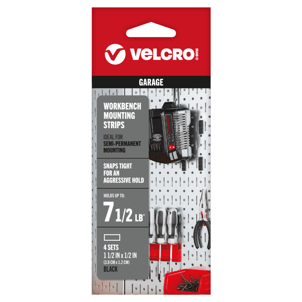 VELCRO® Brand Workbench Mounting Strips packaging for garage use, featuring semi-permanent mounting strips that hold up to 7 1/2 lbs, ideal for organizing tools.